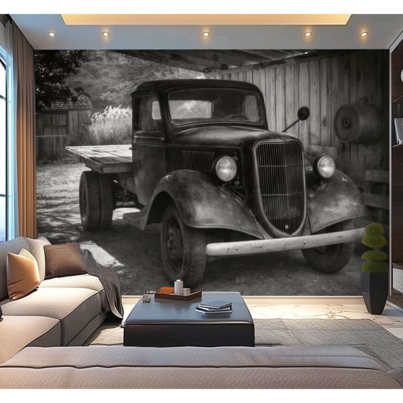 Peel and Stick Wallpaper Waterproof Vintage Black White Classic 1930s Pickup Truck Rustic Setting Wall Mural Decor Self Adhesive and Removable 100in x 144in