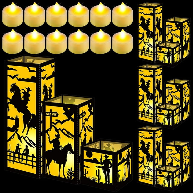 YISITIAN 12 Pcs Western Cowboy Centerpieces for Table 3 Size Wild West Paper Lantern Boxes Table Ideas Decorations for Western Cowboy Rodeo Themed Party Decor Birthday Supplies Decorations CJ-94034
