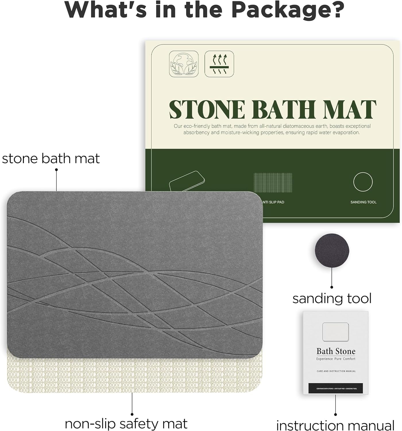 HBlife Stone Bath Mat, Diatomaceous Earth Bath Mat Bathmat, Non Slip Super Absorbent Quick Drying Diatomite Stone Bath Shower Mat for Bathroom, 23" x 15", Gray