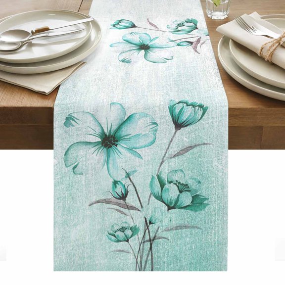 Turquoise Flowers Table Runner - 108 Inch Long, Kitchen Dining Table Runner Dresser Scarves, Farmhouse Gradient Floral Plants Farmhouse Decor for Coffee Tables Wedding Party Banquet