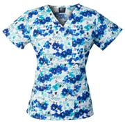 medgear womens fashion scrubs top, printed v-neck with 4-pockets 1050p-pbbl