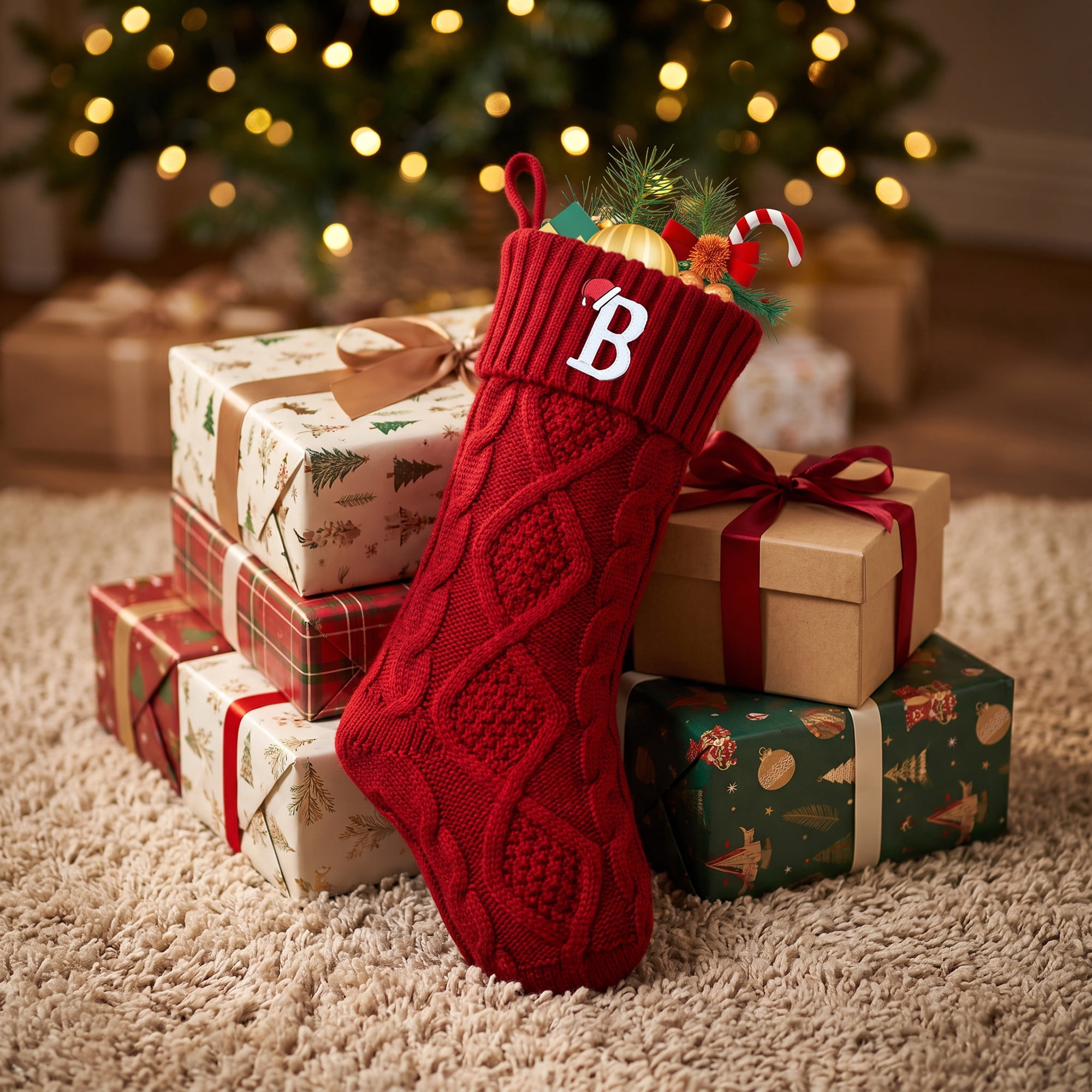 Unique Bargains Canine Bone Christmas Stocking Luxury Puppy Holiday Keepsake Sack Red Letter B 17"