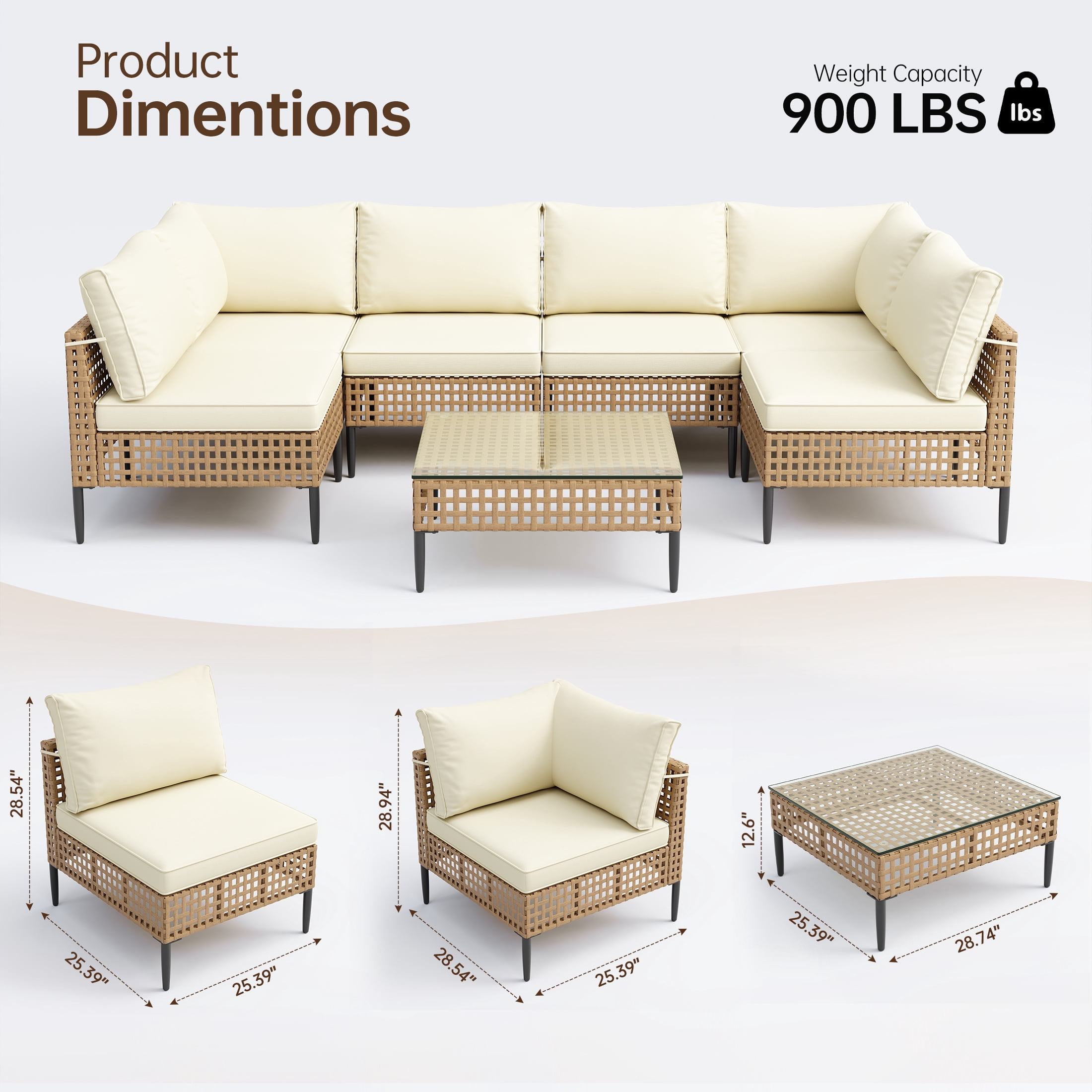 UDPATIO 7 Piece Wicker Patio Furniture Set, Outdoor Conversation Set， Sectional Sofa with Glass Coffee Table， Outdoor Sofa for Porch, Backyard, Yellow&Beige