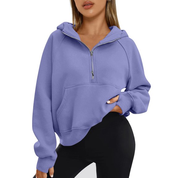 Resicozy Sweatshirt for Women Half Zip Long Sleeve Cropped Pullover Lined Full Zip Hoodies Thumb Hole Jackets Light Purple M