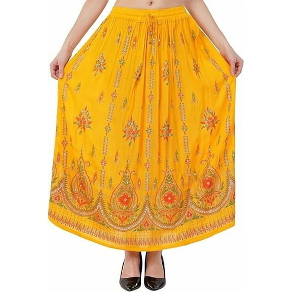 Women's Tie Dye Yoga Skirt with Sequined Crinkle Broomstick Gypsy Design Yellow