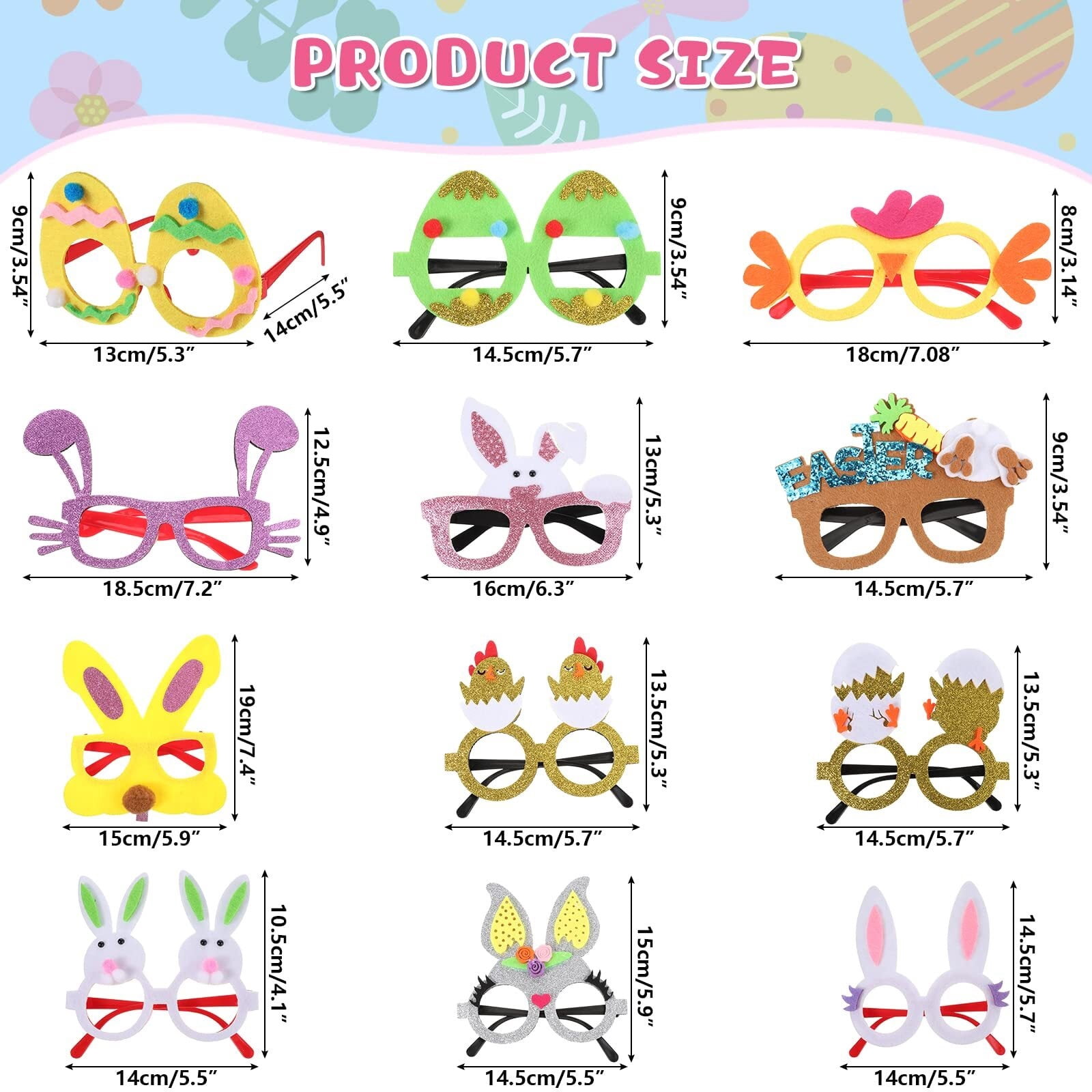 12 Pcs Felt Easter Glasses Easter Egg Glasses Frame Bulk Bunny Eyeglasses Plastic Photo Props for Kids Adult Easter Basket Stuffers Filler Easter Party Favors Decor Supplies