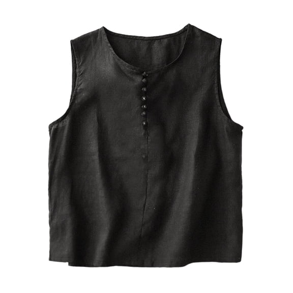 FUYUDY Women'S Tank Top Summer Loose Fit Sleeveless Crew Neck Solid Color Tank Top Casual Knit With Knot Button Design Soft Breathable Female Camisole For Layering And Outerwear,Black,L