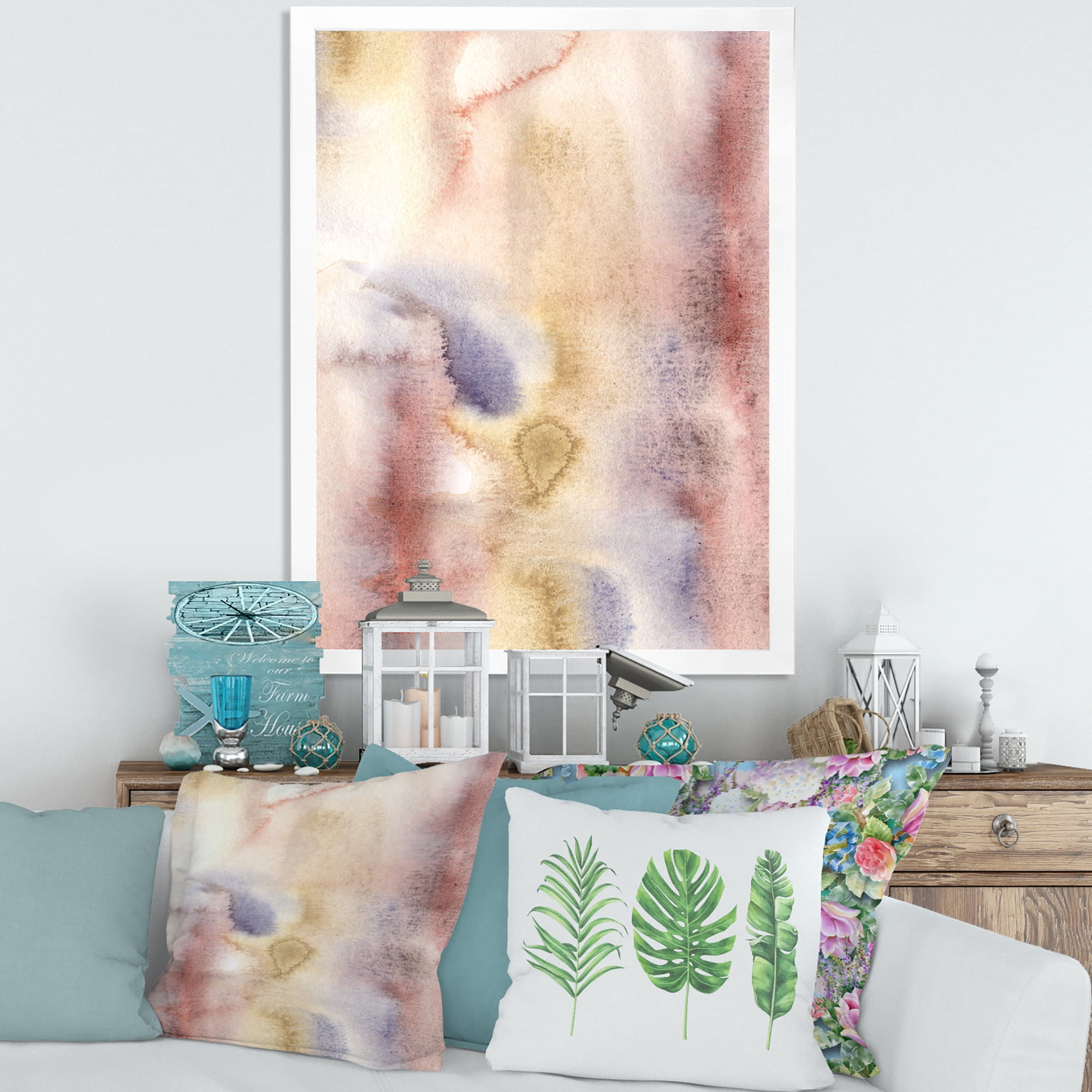 Designart 'Pastel Abstract With Pink Dark Blue and Yellow Spots' Modern Framed Art Print
