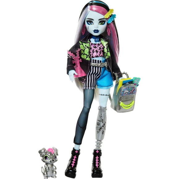Monster High Frankie Stein Fashion Doll in Denim Jacket with Pet Watzie, Backpack & Accessories