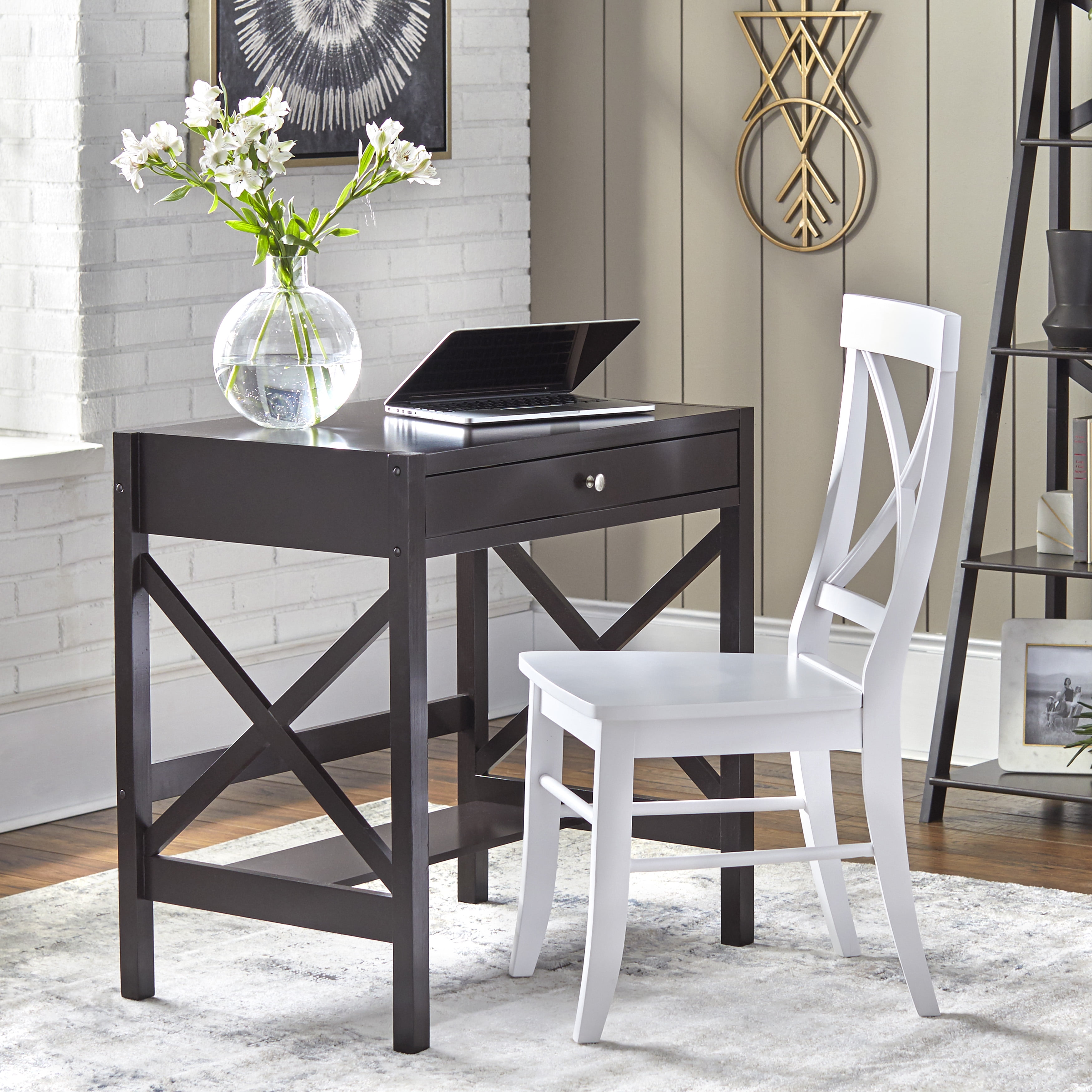 X Desk with Pullout Drawer and Shelf, Multiple Colors