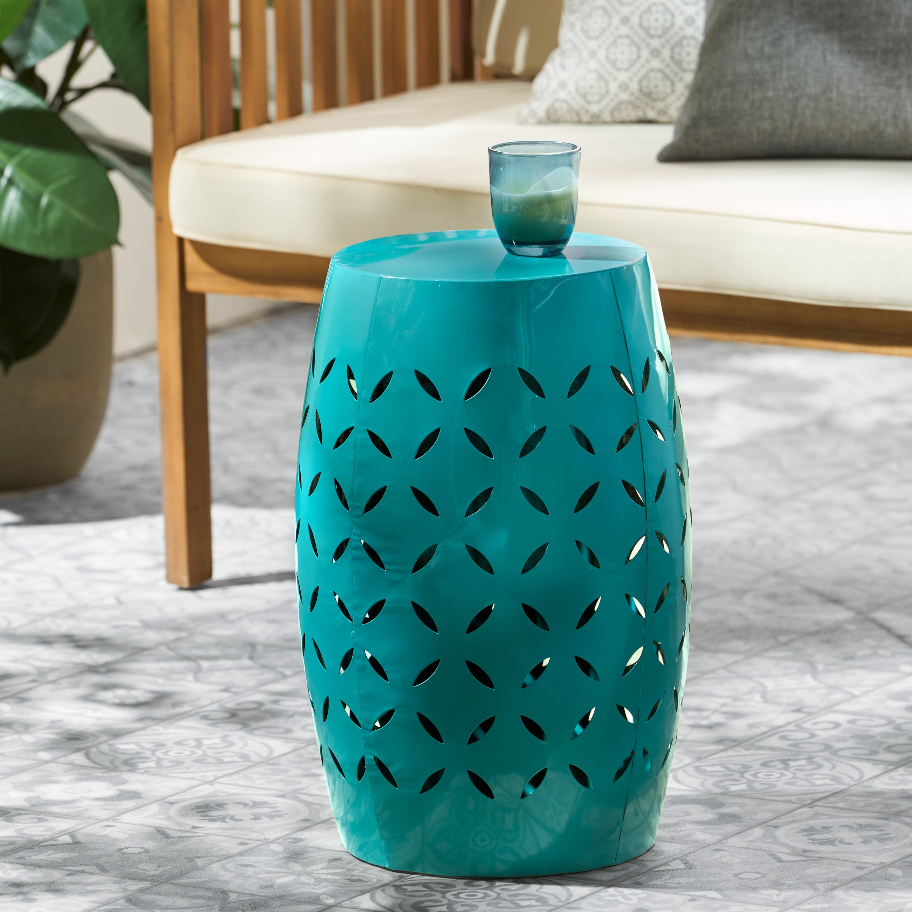 Euroco Lilac 12" Accent Side Table, Cylindrical Design End Table for Living Room, Family Room, or Entryway, Industrial Style,Coffee Side Tables for Indoor Outdoor, Teal Color