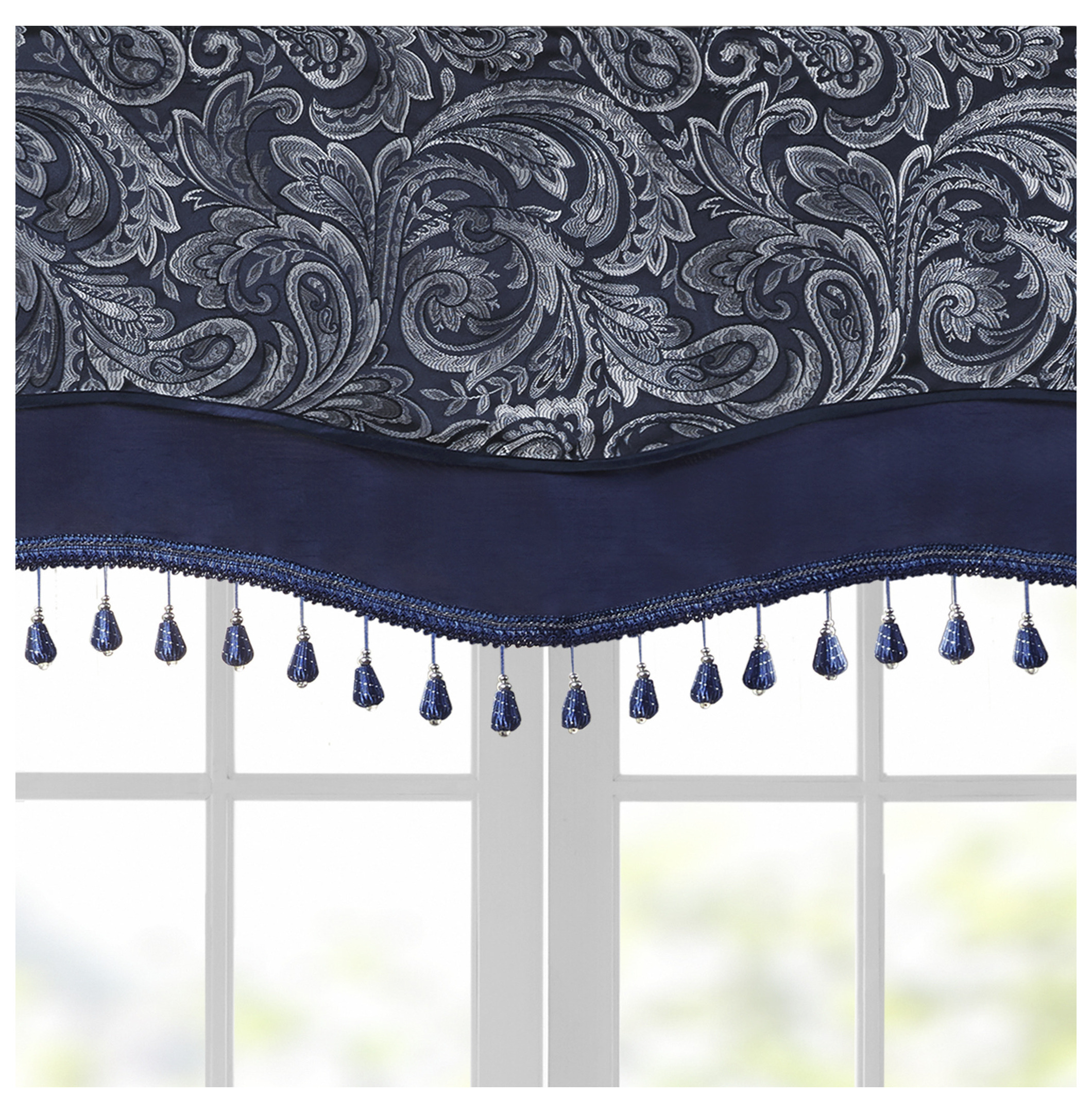 Jacquard Window Rod Pocket Valance With Beads Navy 50x18" Navy + Polyester