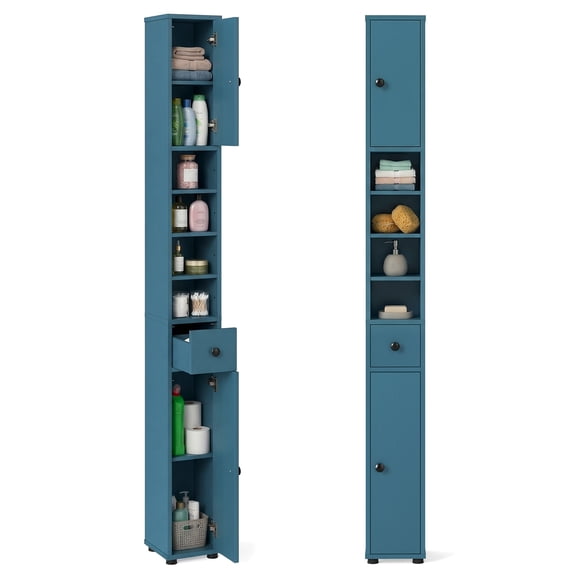Gymax Set of 2 Slim Bathroom Tall Cabinet w/2 Doors 1 Drawer & 5 Adjustable Shelves Blue