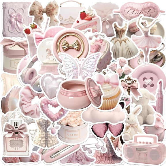 BESTSKY 50Pcs Pink Cute Girl Sticker Pack,Kawaii Aesthetic Stickers for Water Bottles Laptops Phones Waterproof Decals Suitable for Kids Teens Adults,Coquette Party Decoration Suppli