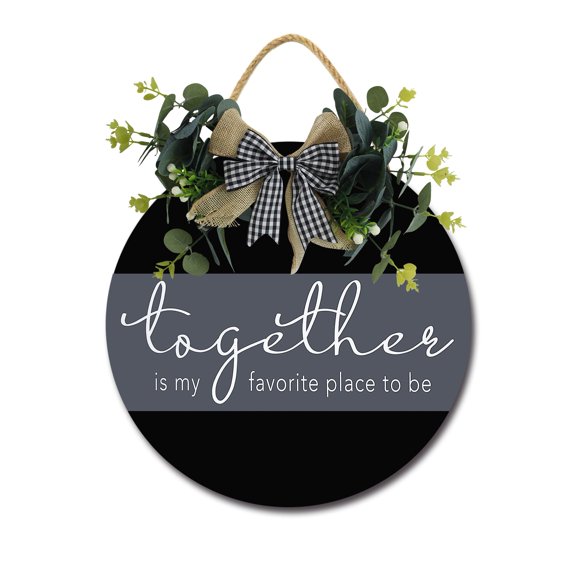 Together In My Favorite Place To Be Door Sign Home Decor Round Wood Wreaths Wall Hanging Sign Farmhouse Porch Sign Front Door Decoration for Housewarming Gift All Seasons Holiday,11In