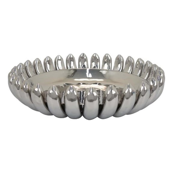 Benjara Zoma Accent Bowl- 16" Raised Rounded Edges- Silver Ceramic Body