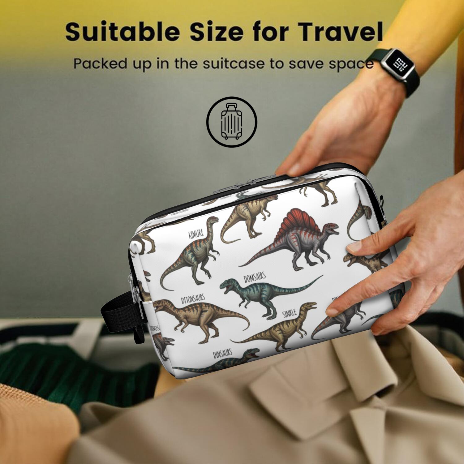 Toiletries Bag,Cartoon Dinosaurs Names Pattern Mens Womens Toiletry Bag Bathroom Bag,Waterproof Toiletry Travel Bag Dopp Kit Shaving Bag 11x6.3x5.1 Inch