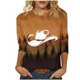 thumbnail image 2 of Elvqul Womens Blouses 3/4 Sleeve Brown Tops Western Cowboy Print Juniors Pullover Loose Fit Tshirts Under $5 Crew Neck Blouses, 2 of 5
