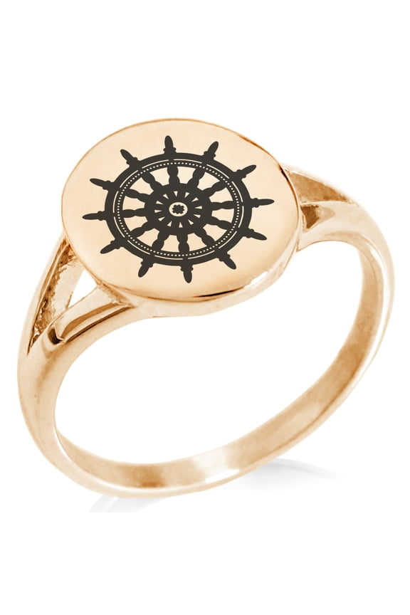 Stainless Steel Nautical Ship Helm Wheel Minimalist Oval Top Polished Statement Signet Ring
