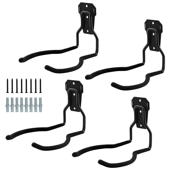 4 Pcs Heavy Duty Garage Hooks for Yard Tools, Metal Storage Hooks for Hanging Drills, Trimmers, Hoses and More, Includes Screws and Expansion Tubes, Black