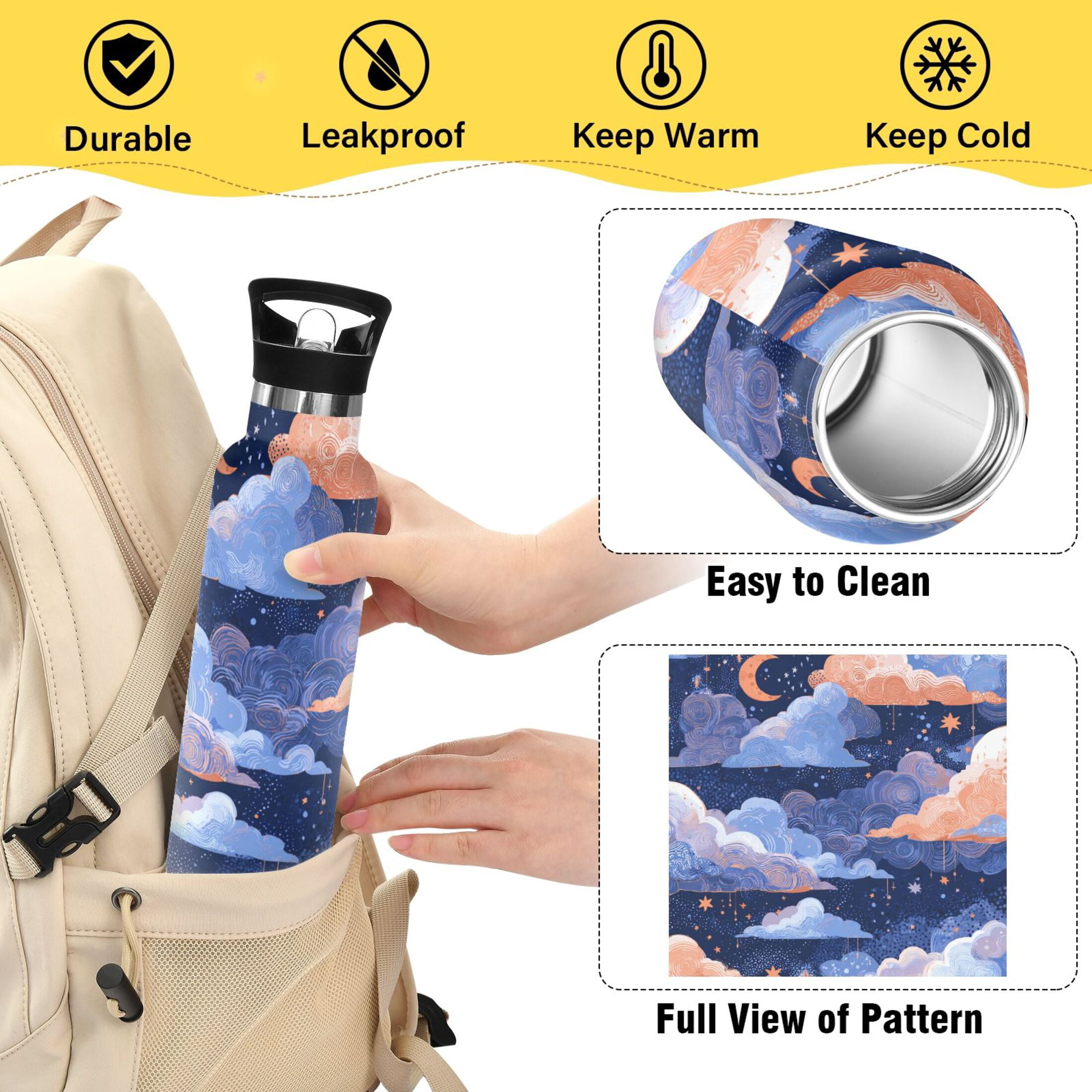 600ML Stainless Steel Insulated Cup Sports Water Bottle Portable Thermos Cup Water Glasses Insulated Tumblers Convenient and Durable Beautiful Blue Clouds
