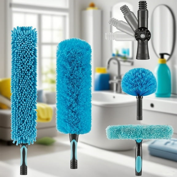 5Set Duster Kit High Ceiling Dusting and Window Cleaning Washer & Squeegee, Cobweb Duster, Fan Blade and Feather Dusters