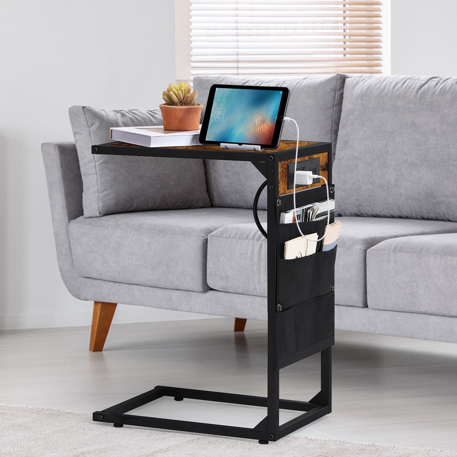 C-Shaped Coffee Table Side Table with Charging Station 2 Piece Sofa Table Set Brown