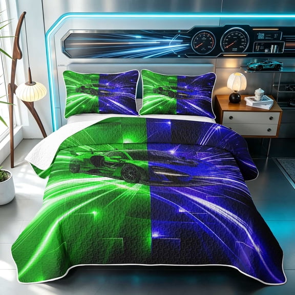 Erosebridal Race Car Twin Quilt Set, Speed Light Twin Coverlet Set, Green Blue 2-Piece 1 Bedspread and 1 Pillowcase
