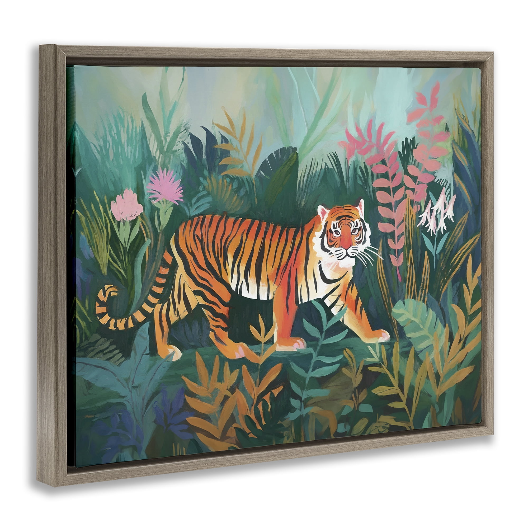 Stupell Industries Tiger in Jungle Leaves Animals & Insects Painting Brown Floater Framed Canvas Art Print Wall Art, 21 x 17
