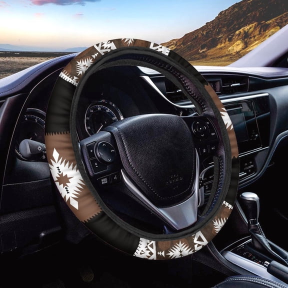 COEQINE Southwest Aztec Brown Black Car Steering Wheel Cover 15 Inch Universal Breathable Soft Anti-Slip Sweat Absorbent Car Accessory Fit for Most Vehicles