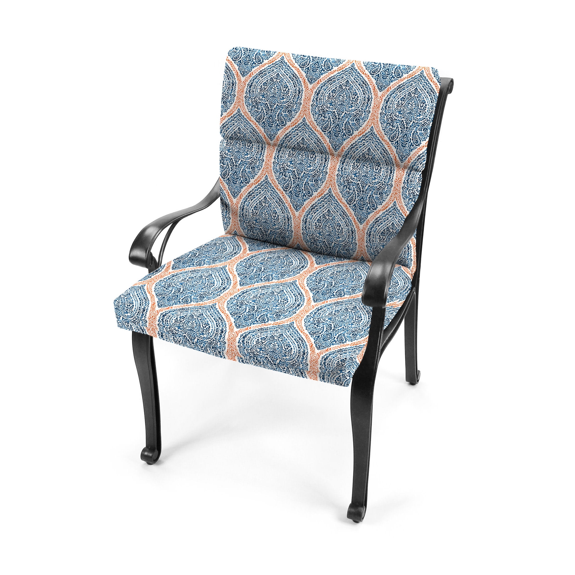 Jordan Manufacturing 45.5" x 23" Andorra Tiger Lily Navy Damask Rectangular Outdoor Chair Cushion with Ties