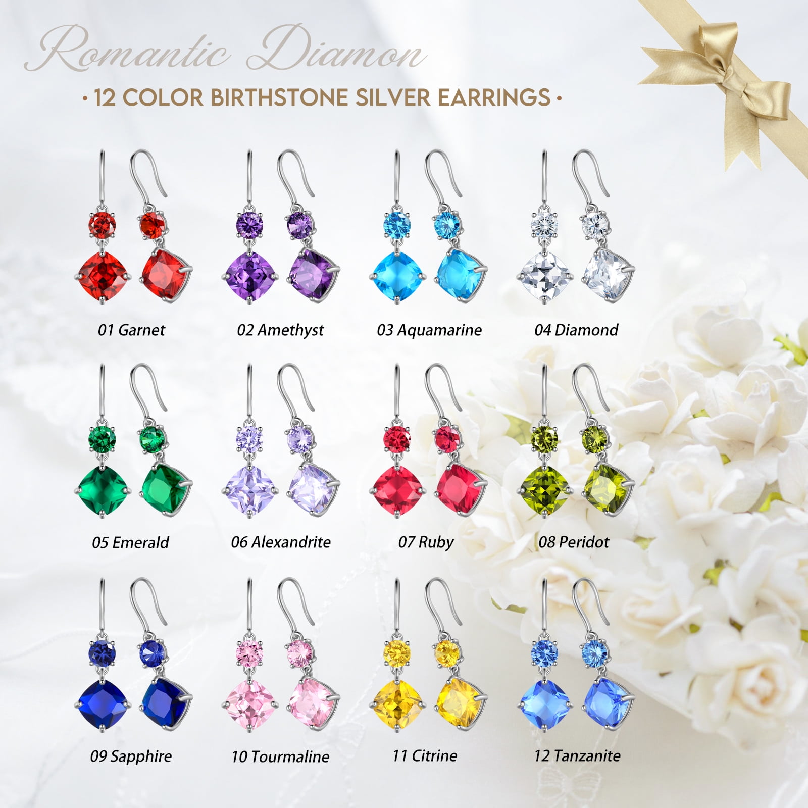 Juwaliy August Birthstone Earrings Women 925 Sterling Silver Long Drop Earrings Peridot Cushion Crystal Jewelry Grandma Mother Christmas Birthday Gift