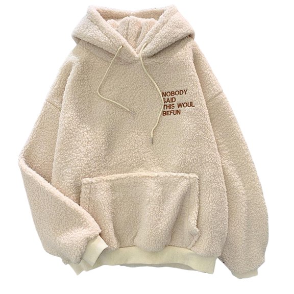 comerut Fall Winter Women Hoodie Drawstring Elastic Cuff Thick Fleece Patch Pocket Loose Long Sleeves Pullover Warm Letter Embroidery Top
