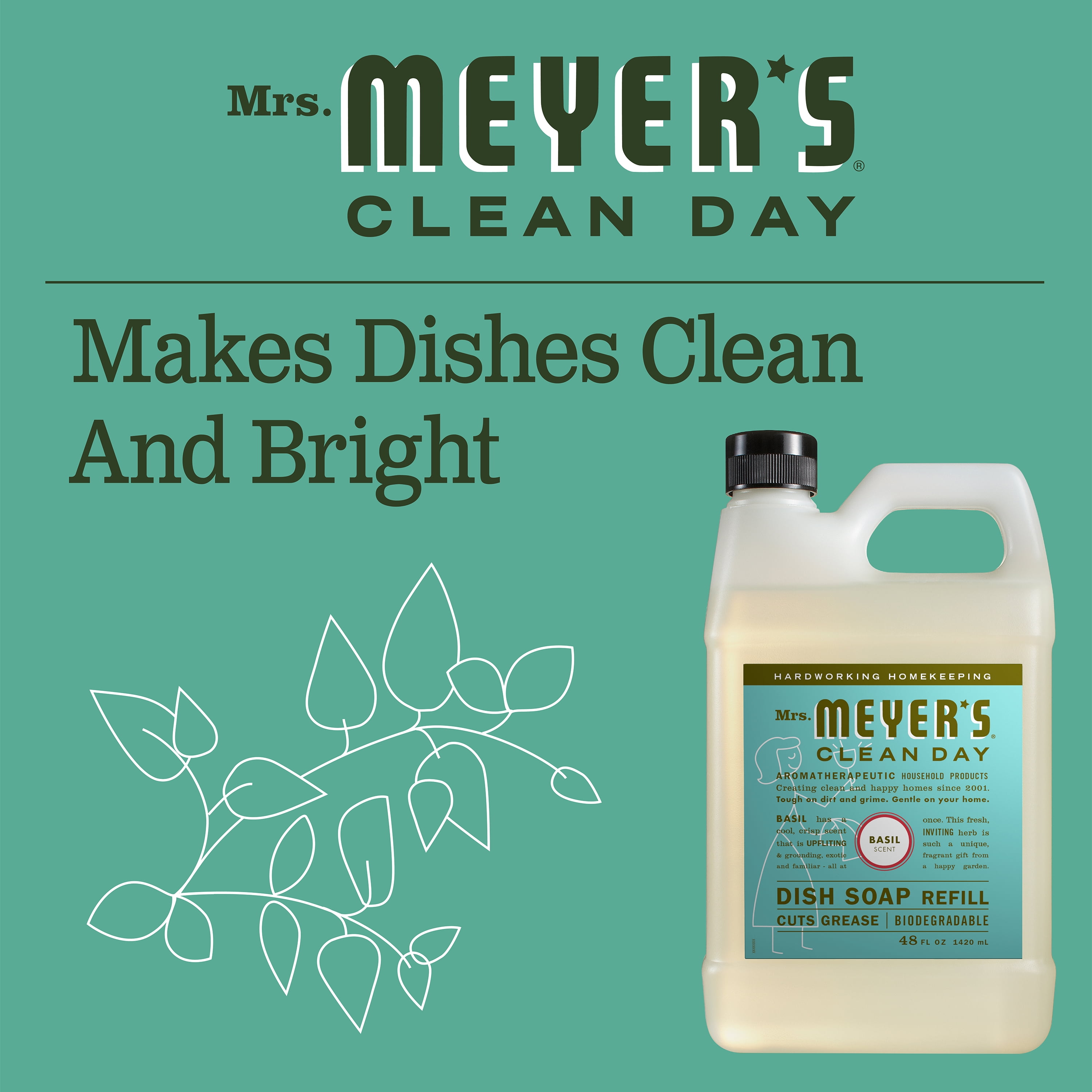 Mrs. Meyer's Clean Day Liquid Dish Soap Refill, Basil Scent, 48 Ounce, 3 Count