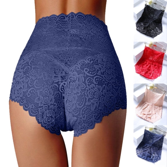 Ticikt Women's High Waist Lace Panties, Plus Size Tummy Control Briefs with Cotton Lining,Navy
