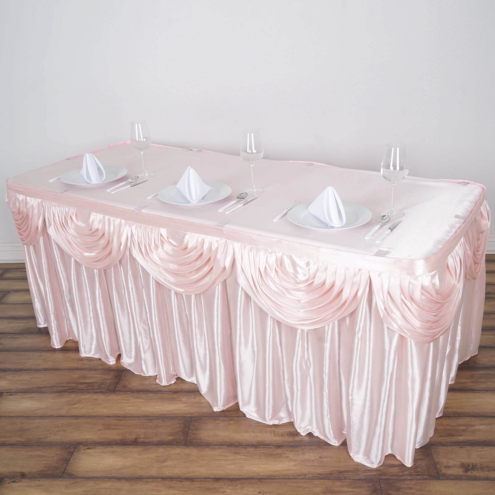 Efavormart Blush Satin Double Drape Table Skirt for Kitchen Dining