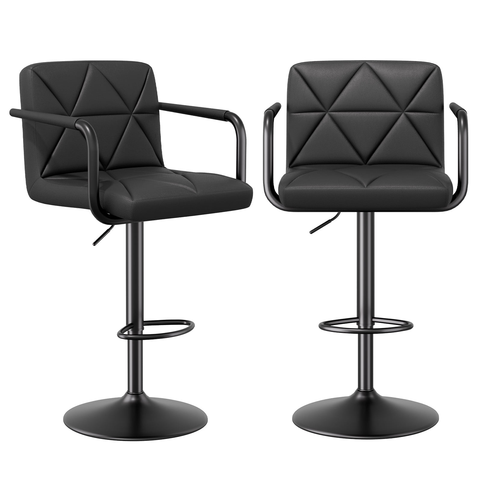 Daluvenix Bar Stools Set of 2， PU Leather Adjustable Swivel Barstools，Hydraulic Counter Height Bar Chairs with Armrest Back for Kitchen Island，Black
