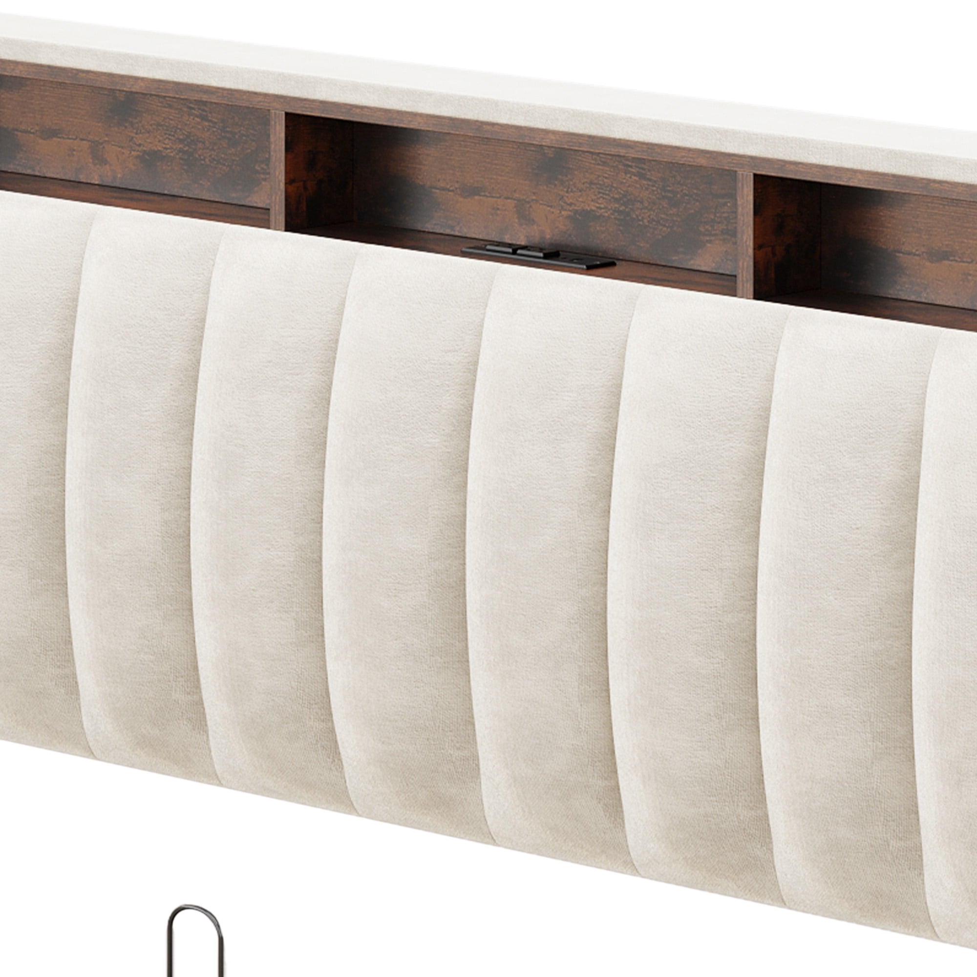 Uforic Full Size Lift Up Bed Frame with LED Lights & Power Outlets, Storage Bed with Upholstered Headboard, Beige