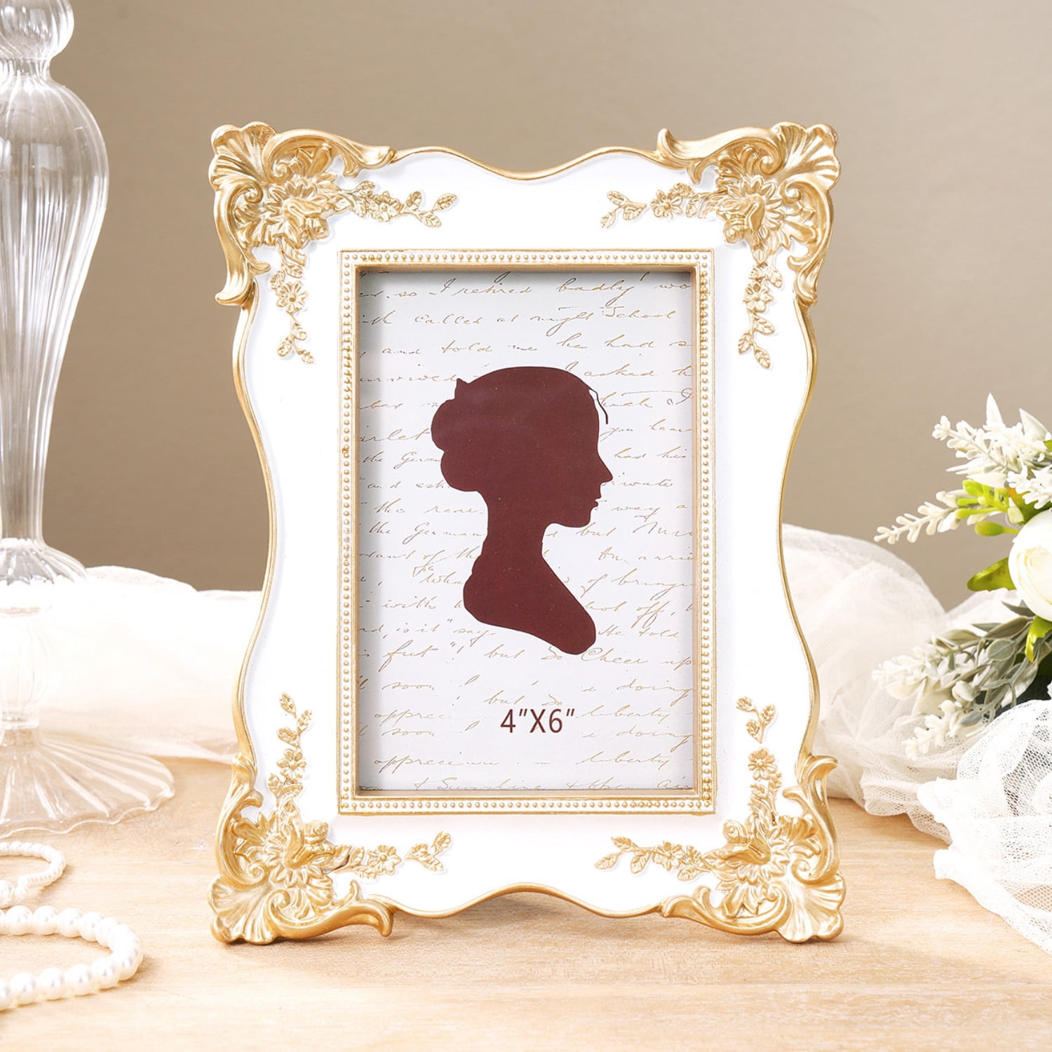 4x6in Vintage Ornate Picture Frame, French Rococo Style Resin Tabletop Photo Frame with Stand, Gold Relief Floral Design, Desktop Decor,White