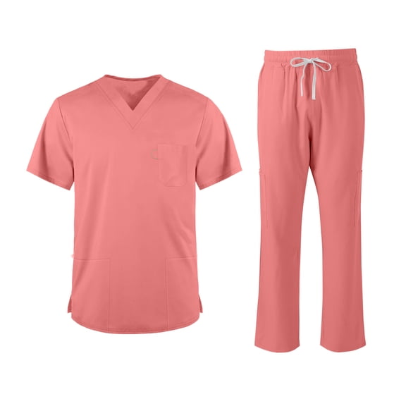 Domuza Scrubs Medical Uniform for Men Scrubs Set Medical Scrubs Top and Pants with Multiple Pockets Pink M