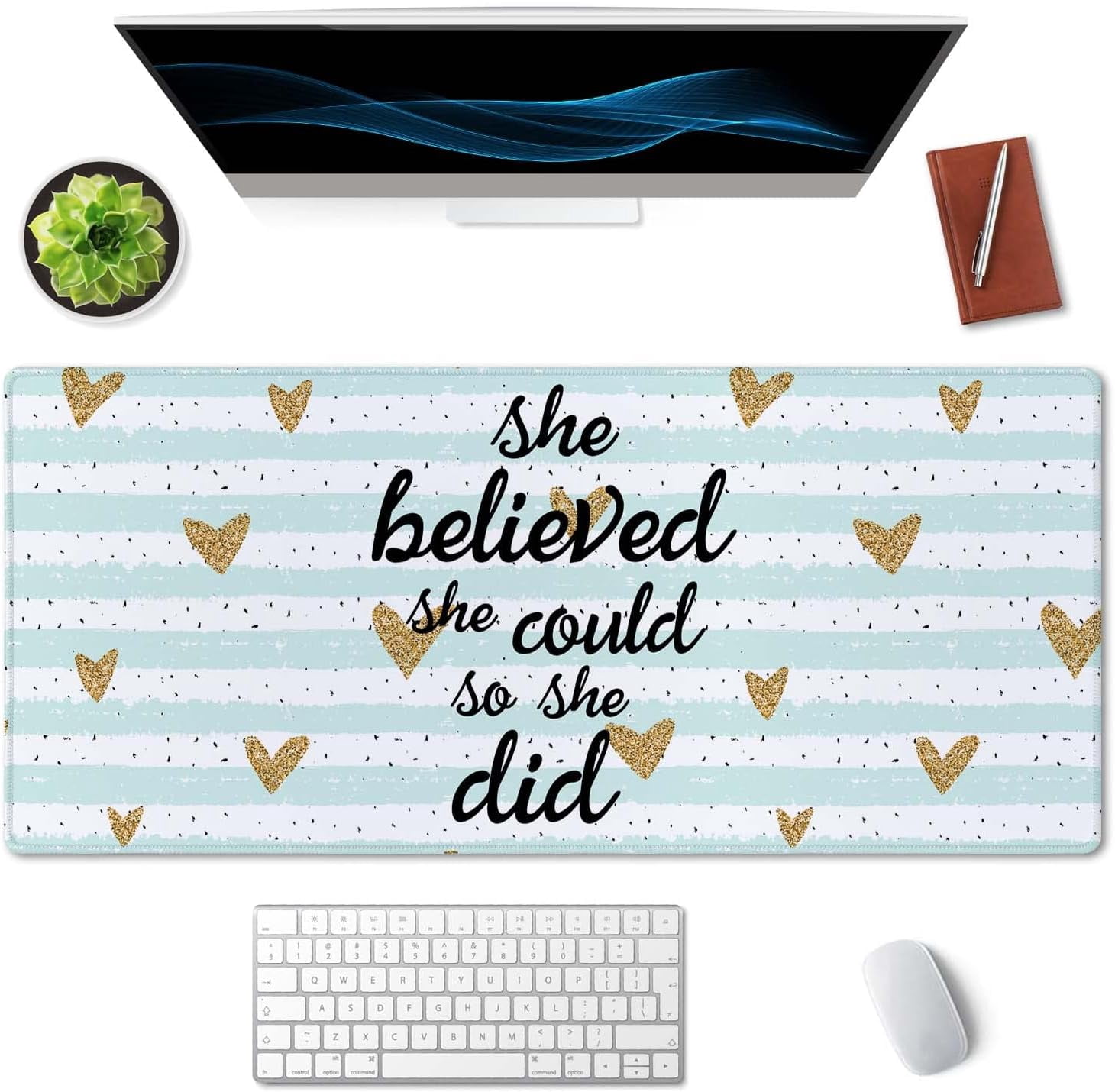 Inspirational Quote Desk Mat,Large Mouse Pad 35.4" x 15.7" XXL Extended Gaming Mouse Pad Mat with Non-Slip Base Stitched Edge Mousepad for Computer,Office - She Believed she Could so she did