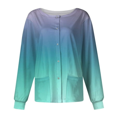 

PURJKPU Women Scrub Jacket Gradient Color Block Nurses Uniforms Long Sleeve Scrub Tops Snap Front Nursing Jackets with Pockets Cyan 4XL