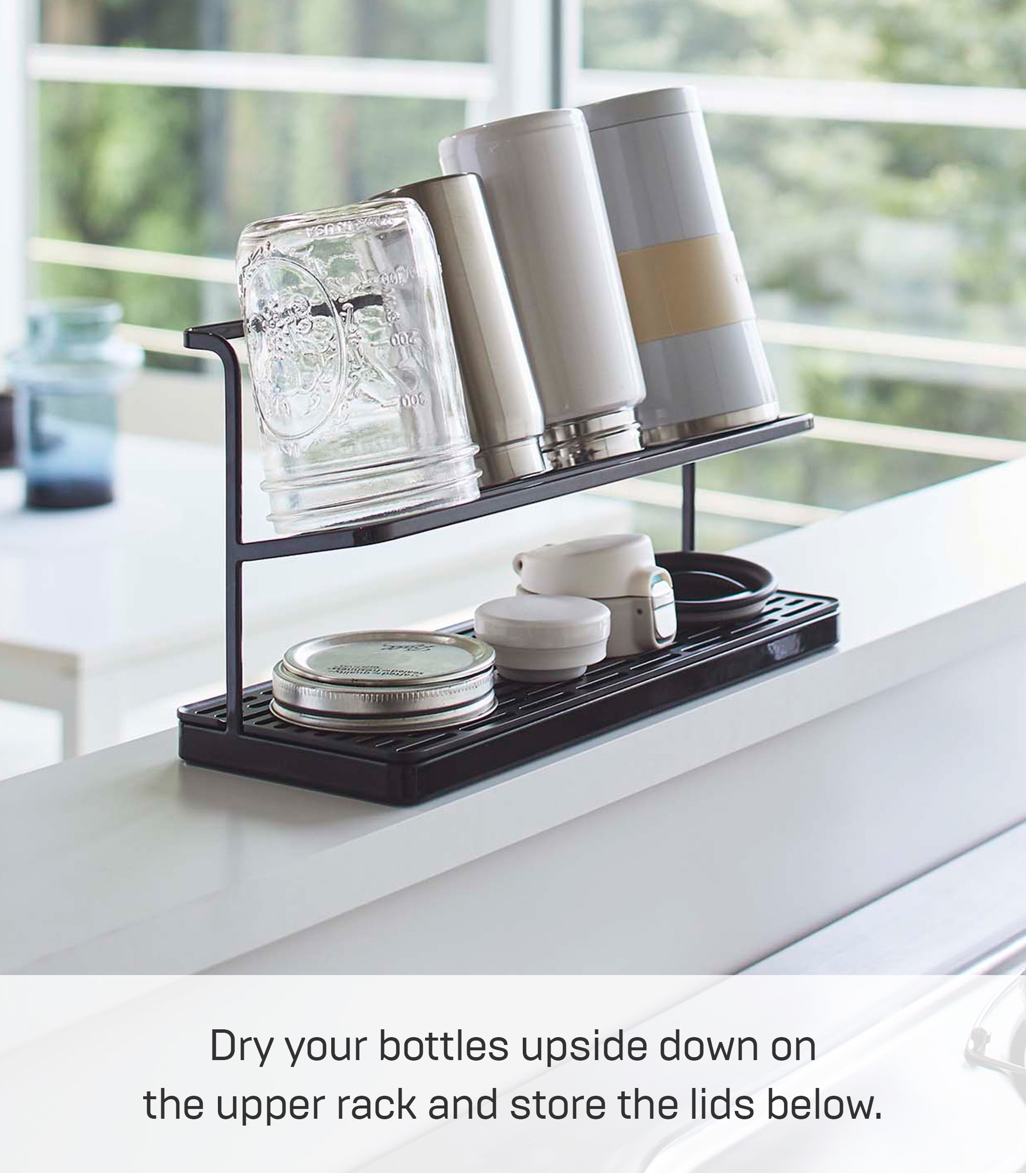 Yamazaki Home Countertop Bottle Drying Rack, Black, Steel, Supports 4.4 pounds, No Assembly