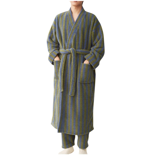 Christmas Clearance! Grrvtrz Mens Full Length Flannel Robe, Striped Plush Fleece Robes, Shawl Collar Bathrobe Loungewear House Robes( Pants Is Included )