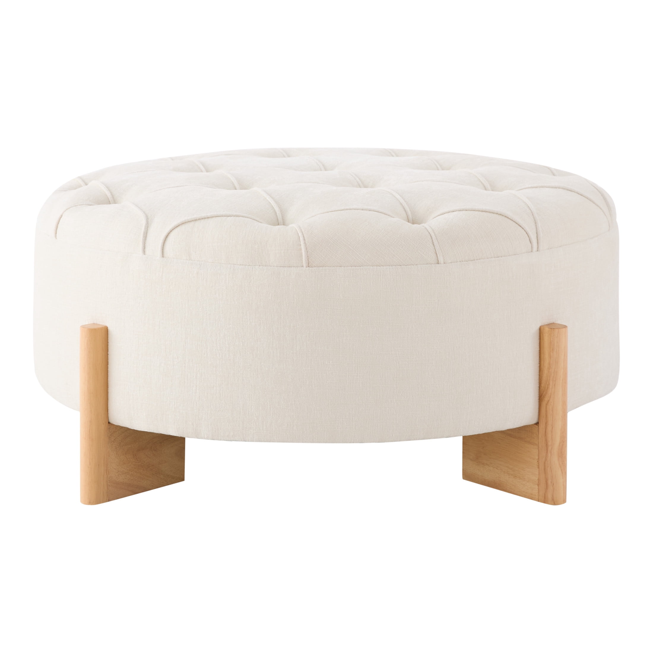 Noble House 32" Round Tufted Button Ottoman Coffee Table with Rubber Wood Legs, Chenille Upholstered Footrest, Beige