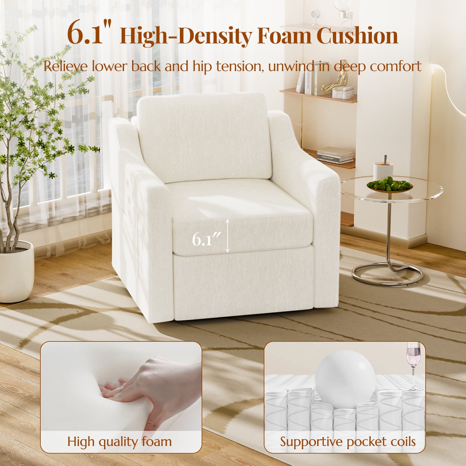 ZBOM 360° Swivel Modern Accent Chair Set of 2, Large Comfy Reading Chairs, Accent Square Single-seat Armchair Upholstered Sofa for Reading, Living Room, Bedroom, Beige