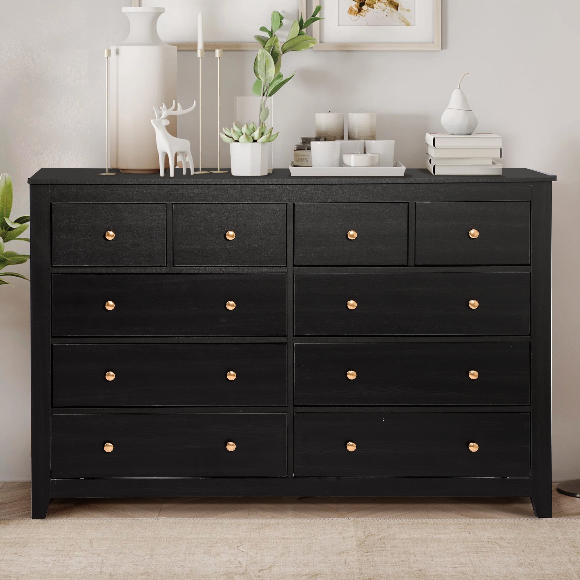 Magic Union 10 Drawer Double Dresser with Metal Handles and Various Size Wide Deep Drawers,Smooth Metal Rail,Modern and Contemporary Wood Dresser Chest for Bedroom,Living Room,Closet,Black
