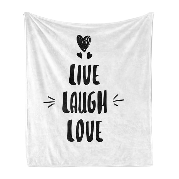 Live Laugh Love Soft Flannel Fleece Throw Blanket, Doodle Hearts Hand Drawn Style Modern Lettering Arrows Happiness, Cozy Plush for Indoor and Outdoor Use, 60" x 80", Black and White, by Ambesonne