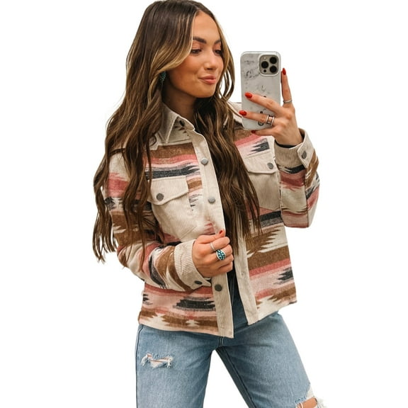 Multicolour Western Aztec Striped Patchwork Shacket with Double Flap Pockets and Raw Hem | [ZhiHiMeRi] | L