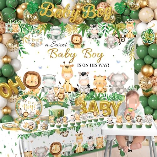 Safari Baby Shower Decorations,387pcs Jungle Baby Shower Decorations Sweet Boy Baby shower Theme Plates and Napkins Cups Tablecloth Backdrop Topper Balloons for Boy Wild Birthday Decorations